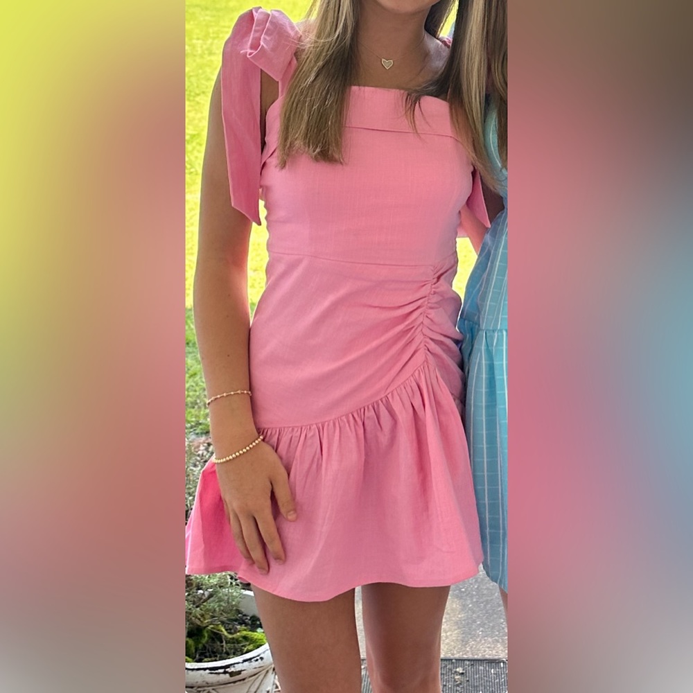 Linen Rose Pink mini dress fits like XS